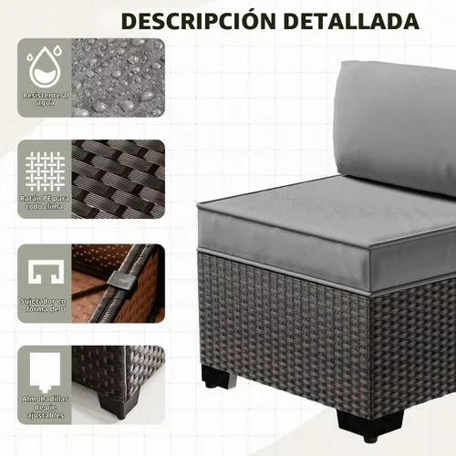 Vista 6 de Gotland Juego de muebles de patio de 6 piezas con 1 mesa auxiliar, 5 plazas de ratán seccional para exteriores con reposabrazos anchos de 29.5 Gris