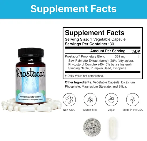 Vista 14 de Prostacor - Suplemento Natural para el Apoyo de la Próstata - Sin GMO, Vegano, Sin Gluten Supports Healthy Urine Flow, Fewer Urges, Bladder