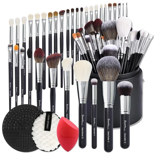 Vista 14 de BUEART DESIGN - Juego de 42 brochas de maquillaje con pelo de cabra natural real (42 piezas, negro perla mate)