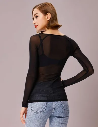 Vista 11 de Kate Kasin Tops de malla para mujer, camisas transparentes de manga larga Negro