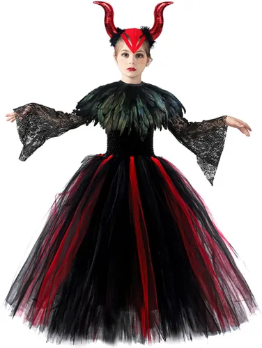 Vista 2 de L'VOW Vestido de princesa con encaje y tutú de tul para Halloween con cuernos de maléfica, capa de plumas