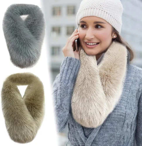 Vista 5 de ikasus Bufanda esponjosa de piel sintética para mujer, calentador de cuello largo de invierno, como cuello de piel real para accesorios de ropa