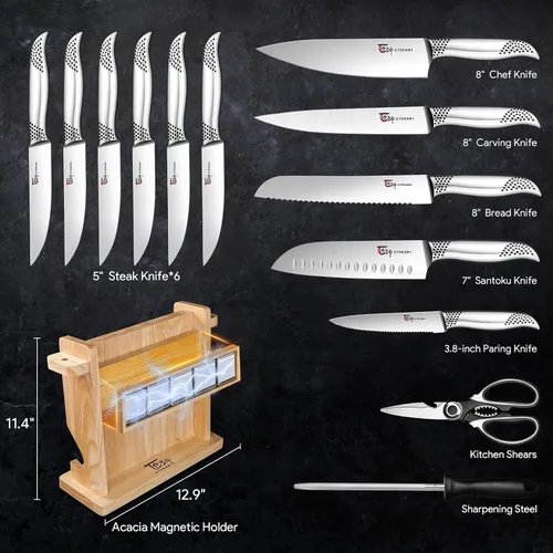 Vista 8 de SYOKAMI Juego de cuchillos japoneses para cocina, juego de cuchillos magnéticos con bloque y afilador, juego de cuchillos de acero inoxidable como