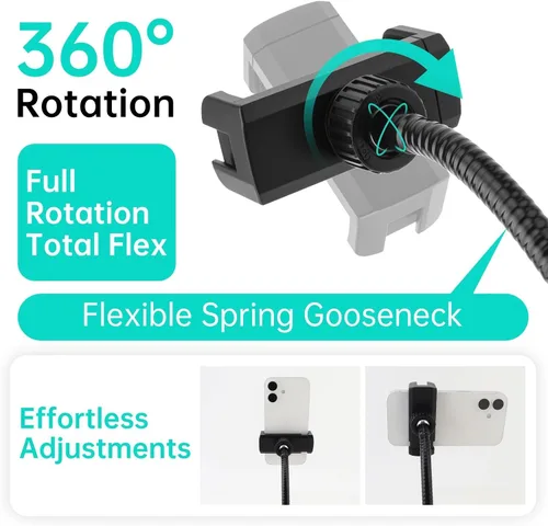 Vista 5 de Soporte para micrófono, brazo flexible de cuello de cisne de 360° para micrófonos de música, trípodes, clip de teléfono celular para todos