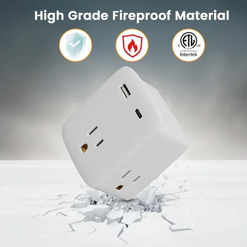 Vista 3 de Extensor de toma de corriente múltiple, 3 salidas de CA con 2 puertos de carga USB (1 USB-C/1 USB-A), regleta de alimentación de 3 lados con labio