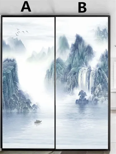 Vista 2 de Película de privacidad para ventana, tinta, pintura de paisaje, 73AB, decorativa, opaca, no adhesiva, adherencia estática, película de vidrio