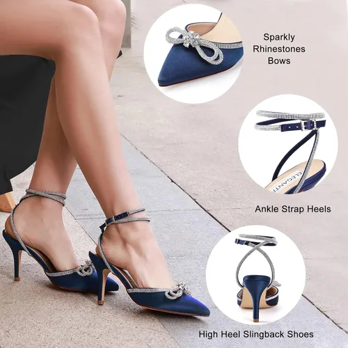 Vista 5 de ELEGANTPARK Tacones para mujer, puntiagudos, con puntera cerrada, correa de tobillo, diamantes de imitación, lazo alto, zapatos de satén para boda