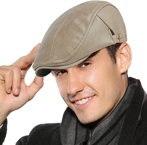 Vista 22 de Panegy Sombrero de periódico para hombre, gorra plana de piel sintética, sombrero de boina ajustable, sombrero de hiedra para conducir golf al aire