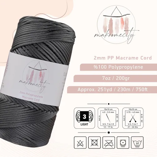 Vista 2 de Makromecity, Cordón de macramé de poliéster de 2 mm x 250 yardas (750 pies) Cordón de macramé de 2 mm de polipropileno para arte y manualidades