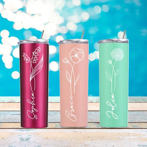 Vista 5 de Regalos personalizados para mujeres Vaso personalizado Tazas personalizadas Grabado con flor de nacimiento 20 oz Vaso personalizado con nombre