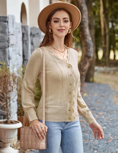 Vista 4 de GRACE KARIN Women's Knitted Cardigan Sweater Long Sleeve Button Down Lightweight Hollow Out Soft Open Front