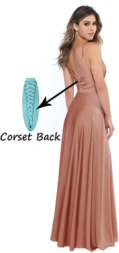Vista 2 de HSFIYAKJ V-Neck Bridesmaid Dresses Long Spaghetti Satin Slit Prom Formal Evening Party Dresses with Pockets