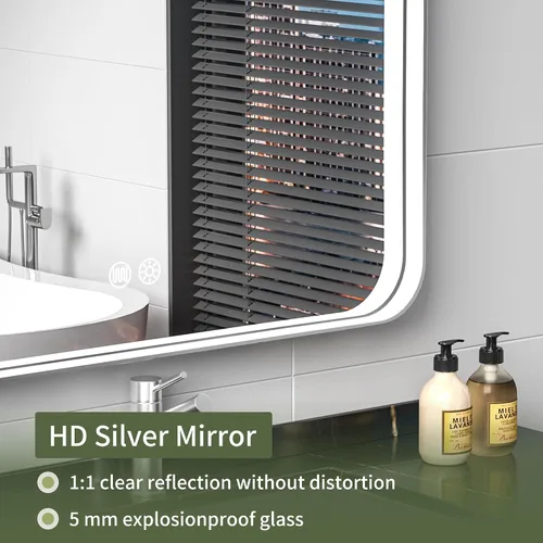 Vista 7 de Espejo de baño LED de 20 x 28 pulgadas con luces, marco plateado rectangular redondeado con diseño de tira de luz incrustada, 3 colores y regulable