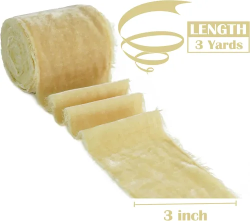 Vista 2 de MEEDEE Cinta de Terciopelo Beige de 3 Pulgadas Cintas con Flecos Beige Cintas de Terciopelo de Seda con Borde Crudo para Coronas, Ramo de Flores