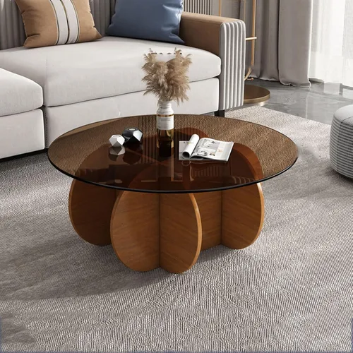 Vista 23 de HM&DX Mesa auxiliar redonda de cristal, base de madera maciza y parte superior de vidrio templado transparente, mesa auxiliar de café, mesa central