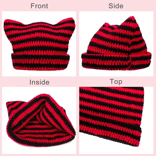 Vista 7 de CATMICOO Y2k Beanie Knit Cat Ear Beanies - Gorros de ganchillo para mujer