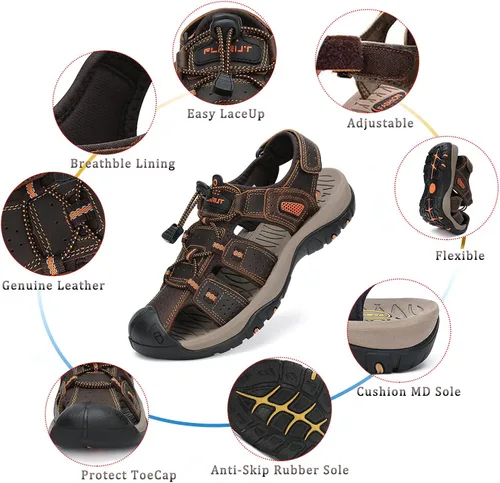 Vista 2 de FLARUT - Sandalias deportivas para hombre, sandalias para senderismo y exteriores, diseño informal de cuero con punta cerrada, sandalias atléticas