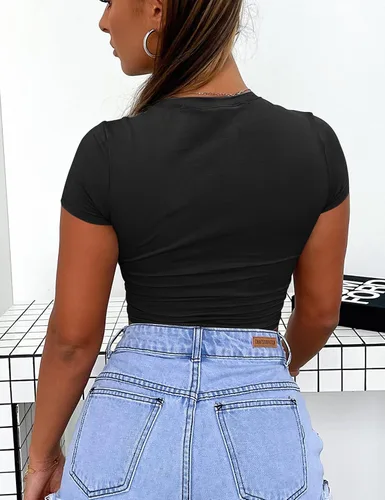 Vista 3 de Kaximil Camisetas básicas ajustadas para mujer, manga corta, cuello redondo, sexy, para adolescentes y niñas