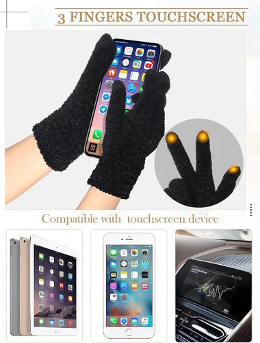 Vista 3 de 4 piezas mujeres invierno punto Beanie sombrero pantalla táctil guante conjunto grueso Chenille punto Pom sombrero sombrero caliente guantes