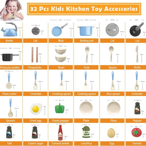 Vista 3 de Bruvoalon Juego de 32 juguetes de cocina para niños, accesorios de cocina con ollas, sartenes, utensilios de cocina, alimentos, verduras enlatadas