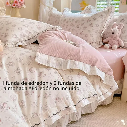 Vista 4 de Funda de edredón de algodón floral tamaño individual con volantes de encaje 100% algodón para adolescentes y niñas, juego de ropa de cama de 3