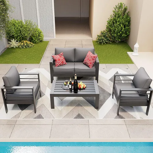 Vista 14 de Amopatio - Juego de muebles de aluminio para patio con cojines de olefina Gris oscuro/ Dorado