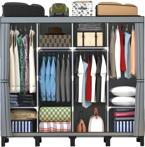 Vista 9 de Armario portátil, caja de almacenamiento de ropa, armario simple para colgar ropa, múltiples estantes y 3 barras, 6 bolsillos laterales (negro)