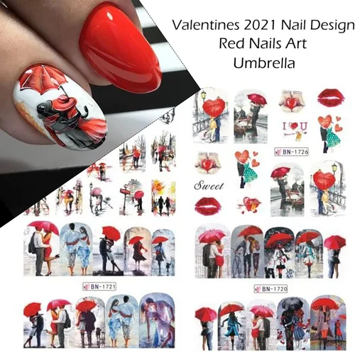 Vista 5 de TBRZTR 12 hojas de calcomanías de uñas para el día de San Valentín, diseño de torre de amor, diseño de paraguas, calcomanías de transferencia