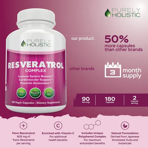Vista 2 de Purely Holistic Resveratrol 1450 mg, 90 porciones, suplemento antioxidante trans-resveratrol con vitamina C y complejo de polifenoles, 180 cápsulas