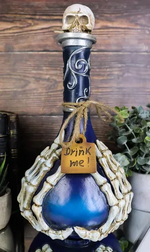 Vista 6 de Ebros Gift Wicca Occult Witchcraft Black Magic Inverted Heart Blue 'Drink Me!' Botella decorativa de poción con dedos de esqueleto, bordes plateados