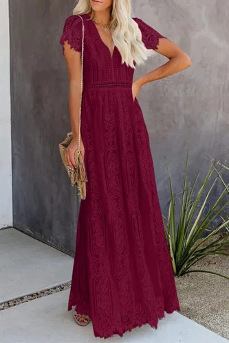 Vista 3 de PRETTYGARDEN - Vestido largo de encaje floral para mujer, manga corta, cuello en V, vestidos de fiesta para boda y para la noche
