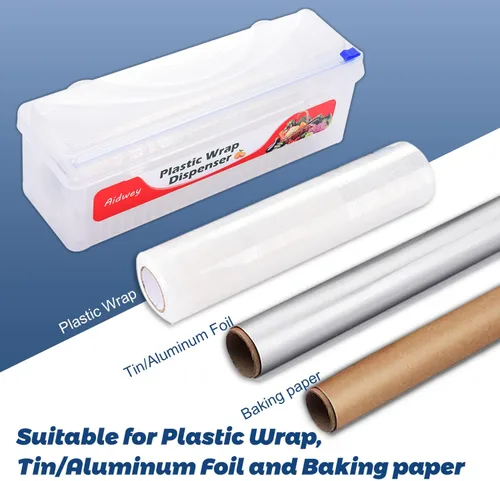 Vista 5 de Dispensador de plástico con cortador, dispensador de envoltura adhesiva con cortador deslizante para película de alimentos, papel de estaño, papel
