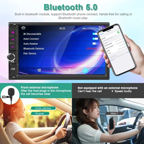 Vista 6 de Double Din Car Stereo Wireless Carplay Android Auto,7 Inch QLED Touch Screen Car Radio with AHD Rearview Backup Camera Bluetooth Dual Mic Mirror