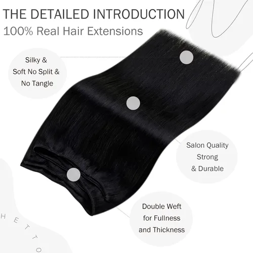 Vista 5 de Hetto - Extensiones de cabello humano real para coser, color negro azabache, #1, 12 pulgadas, 2.47 onzas Adhesivo suave, fuerte, uso diario