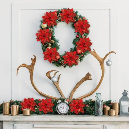 Vista 7 de Vanleonet 12 flores de Pascua artificiales con purpurina, decoraciones de flores de Navidad, adornos de árbol de nochebuena con purpurina
