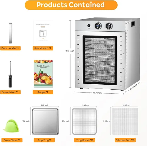 Vista 3 de VUSIGN Máquina deshidratadora de alimentos 12 bandejas de acero inoxidable 1000 W de doble ventilador de secado uniforme Control