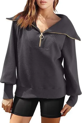 Vista 6 de ECHOINE Sudadera de gran tamaño con media cremallera para mujer, sudadera de manga larga con cremallera de un cuarto, sudadera con capucha