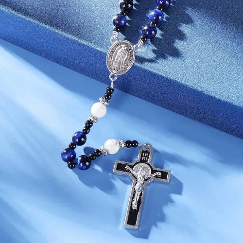 Vista 3 de Rosario de cuentas católicas hechas a mano de 0.315 pulgadas para hombre, collar de rosario negro grande con medalla milagrosa, rosarios, regalos