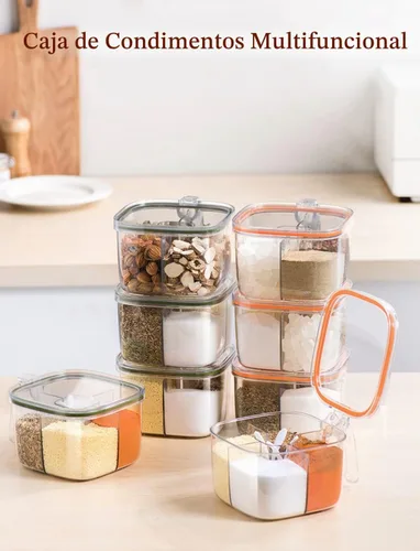 Vista 7 de Caja de condimentos transparente, 4 compartimentos sellados con tapa, tarros de condimentos con tapa y cucharas de servir, tarros de condimentos