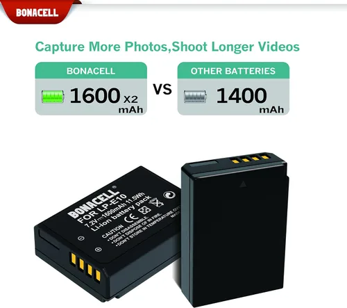 Vista 2 de Bonacell Paquete de 2 baterías LP-E10 y cargador dual LCD compatible con Canon EOS EOS 1100D, EOS 1200D, EOS 1300D, 1500D, 2000D, 3000D, Rebel T3