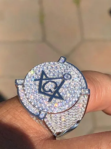 Vista 8 de Anillo masónico de plata 925 para hombre con diseño masónico, tamaños 7-13, anillo de hip hop helado, Metal, Zirconia cúbica
