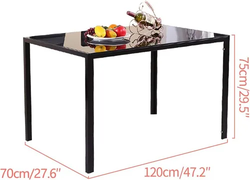 Vista 2 de Mesa de comedor negra de 47 pulgadas para 2-6 personas, mesa de comedor de vidrio templado con patas de metal, mesa rectangular de cocina