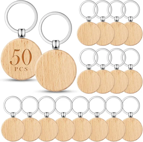Vista 13 de Yinkin 100 Piezas Llaveros de Madera en Blanco a Granel Grabado Láser Cadena de Llaves Anillo de Llave de Madera Sin Terminar Etiqueta