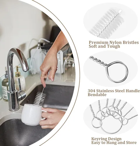Vista 9 de Yolaist 8 limpiadores de botellas y pajitas, cepillo largo de nailon profundo con asas flexibles de acero inoxidable flexible para botellas