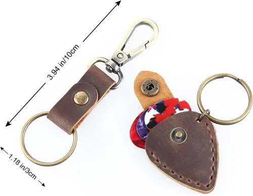 Vista 3 de Llavero con llavero, llavero de cuero hecho a mano para mujeres y hombres, organizador de llavero con funda para púas de guitarra