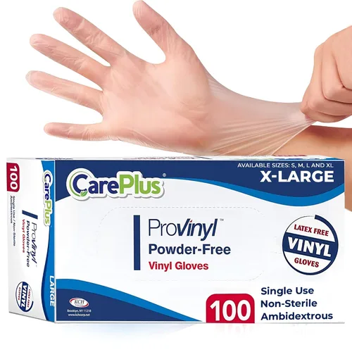 Vista 23 de CARE PLUS Pro - Guantes de vinilo transparentes de tamaño pequeño, 100 unidades Sin látex, sin polvo, resistentes, no estériles, Guantes