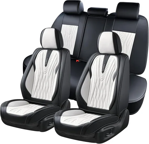 Vista 13 de FLORICH Juego completo de fundas para asiento de coche, fundas de asiento de cuero, fundas universales de lujo para 5 asientos en color negro