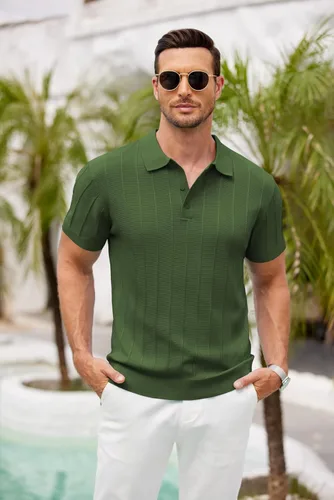 Vista 5 de COOFANDY Camisas polo de punto para hombre de manga corta con textura acanalada Camisas de golf casuales y ligeras con cuello Camiseta de polo