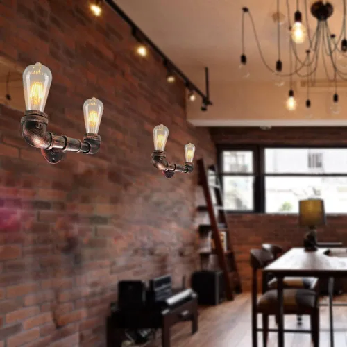Vista 2 de Lámpara de pared de tubo de agua de 2 luces, estilo retro, industrial, para montaje en pared, lámpara de pared de metal Steampunk, estilo vintage