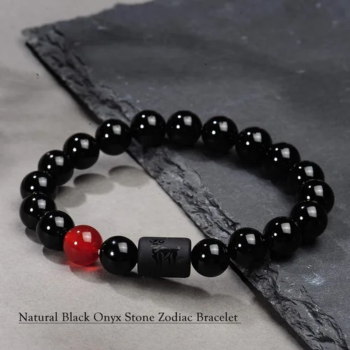 Vista 3 de VLINRAS - Pulsera de signo del zodiaco, para hombre y mujer, de 0.315 y 0.394 pulgadas, ónice negro natural, signo de estrella, constelación
